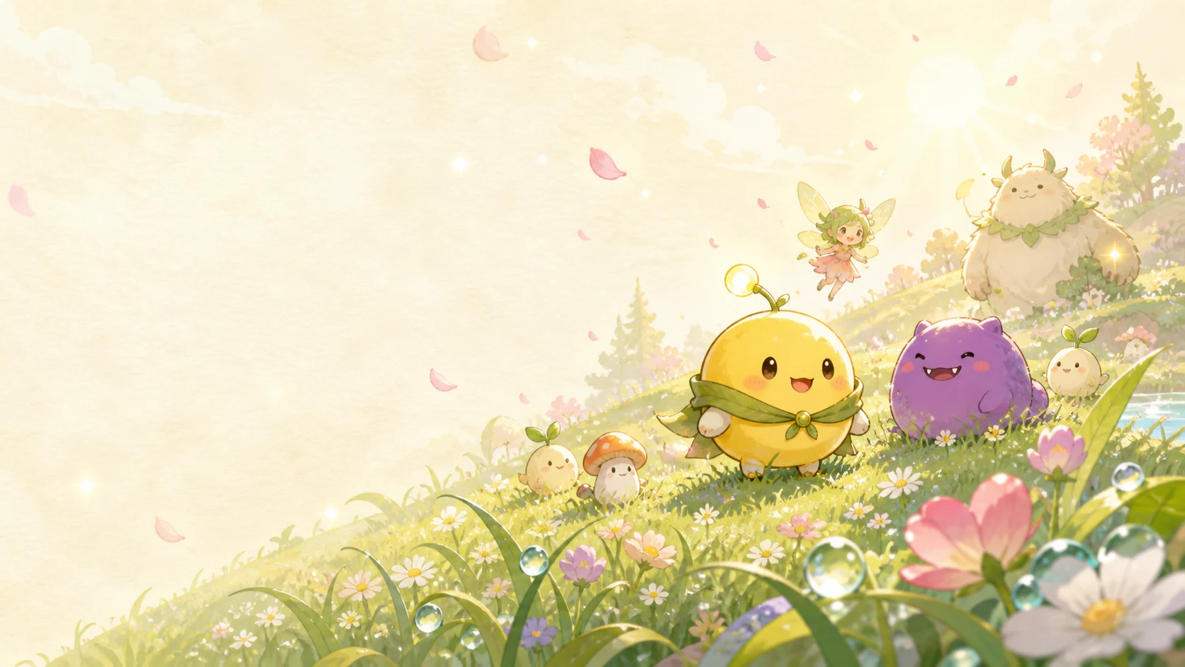 Dawnfield characters together in a bright flower field